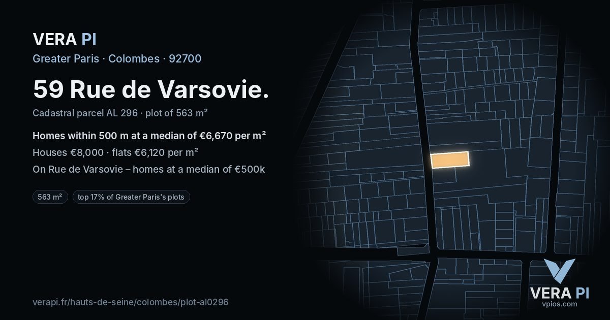 59 Rue de Varsovie, Colombes at night – the plot lit, the parcels around coloured by the prices near them