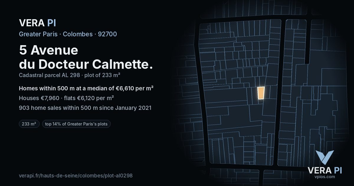 5 Avenue du Docteur Calmette, Colombes at night – the plot lit, the parcels around coloured by the prices near them
