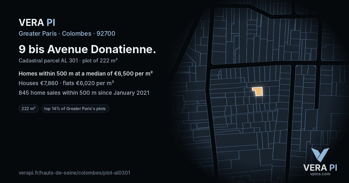 9 bis Avenue Donatienne, Colombes at night – the plot lit, the parcels around coloured by the prices near them