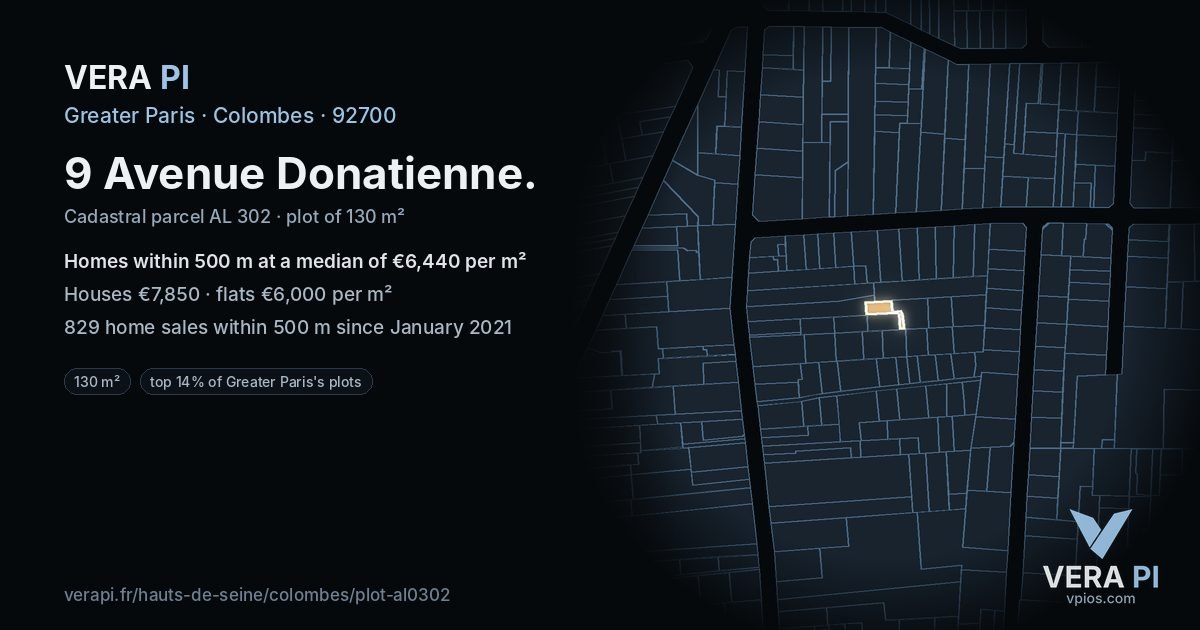 9 Avenue Donatienne, Colombes at night – the plot lit, the parcels around coloured by the prices near them