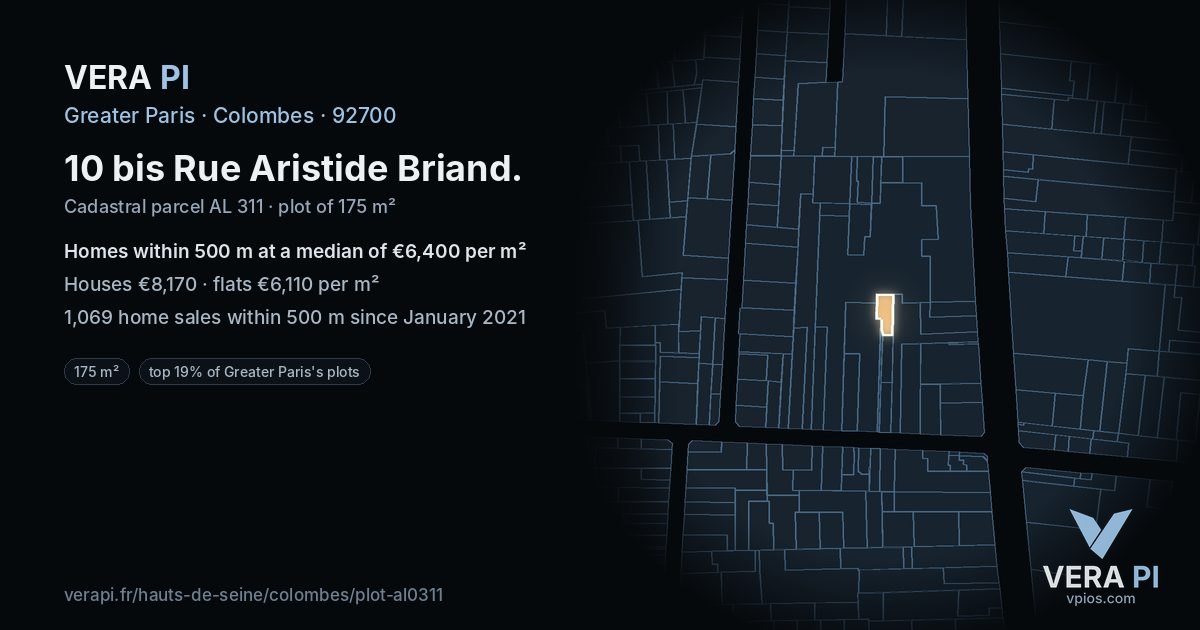 10 bis Rue Aristide Briand, Colombes at night – the plot lit, the parcels around coloured by the prices near them