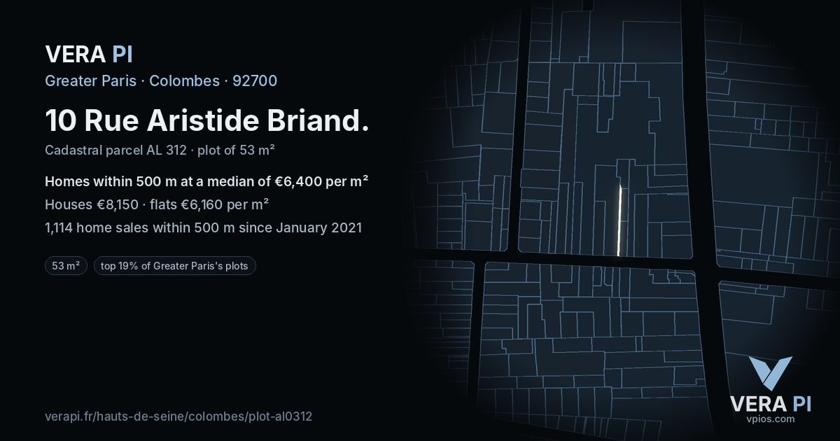 10 Rue Aristide Briand, Colombes at night – the plot lit, the parcels around coloured by the prices near them