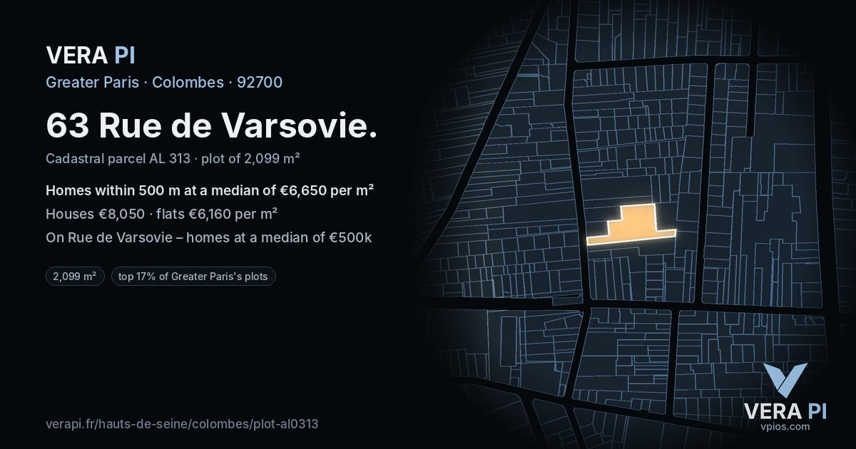 63 Rue de Varsovie, Colombes at night – the plot lit, the parcels around coloured by the prices near them