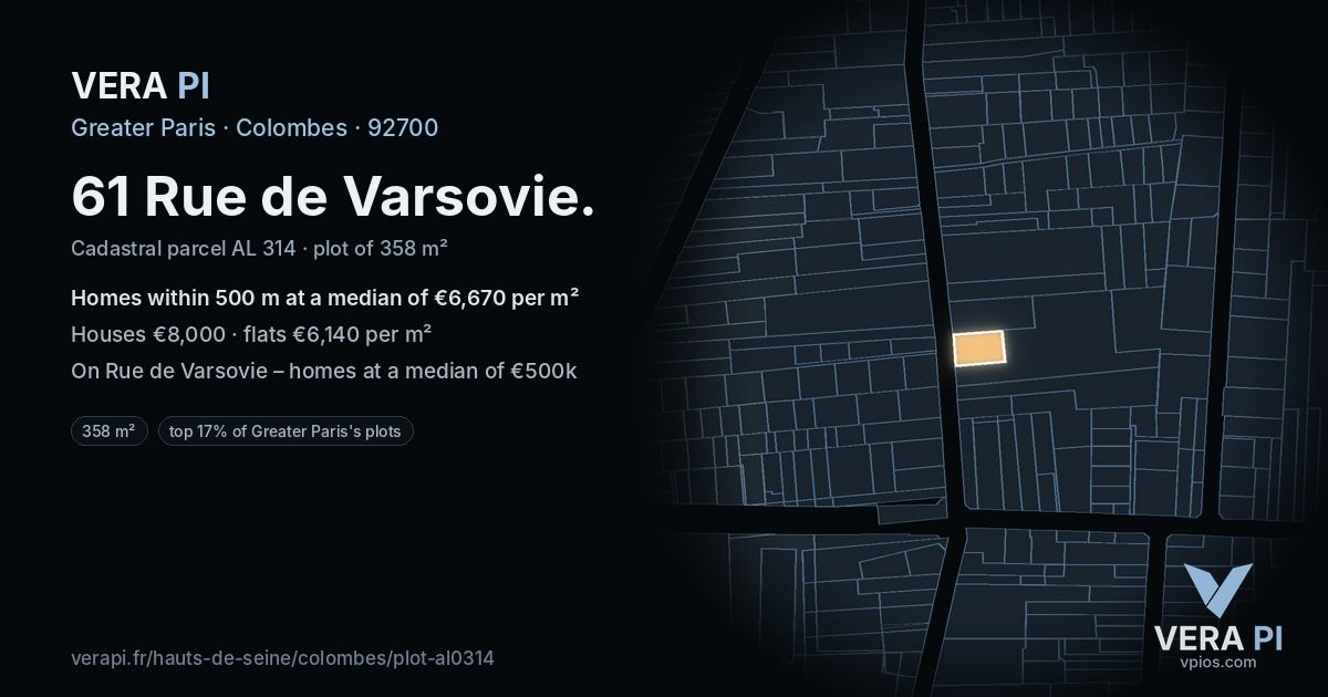 61 Rue de Varsovie, Colombes at night – the plot lit, the parcels around coloured by the prices near them
