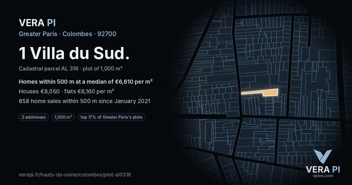 1 Villa du Sud, Colombes at night – the plot lit, the parcels around coloured by the prices near them