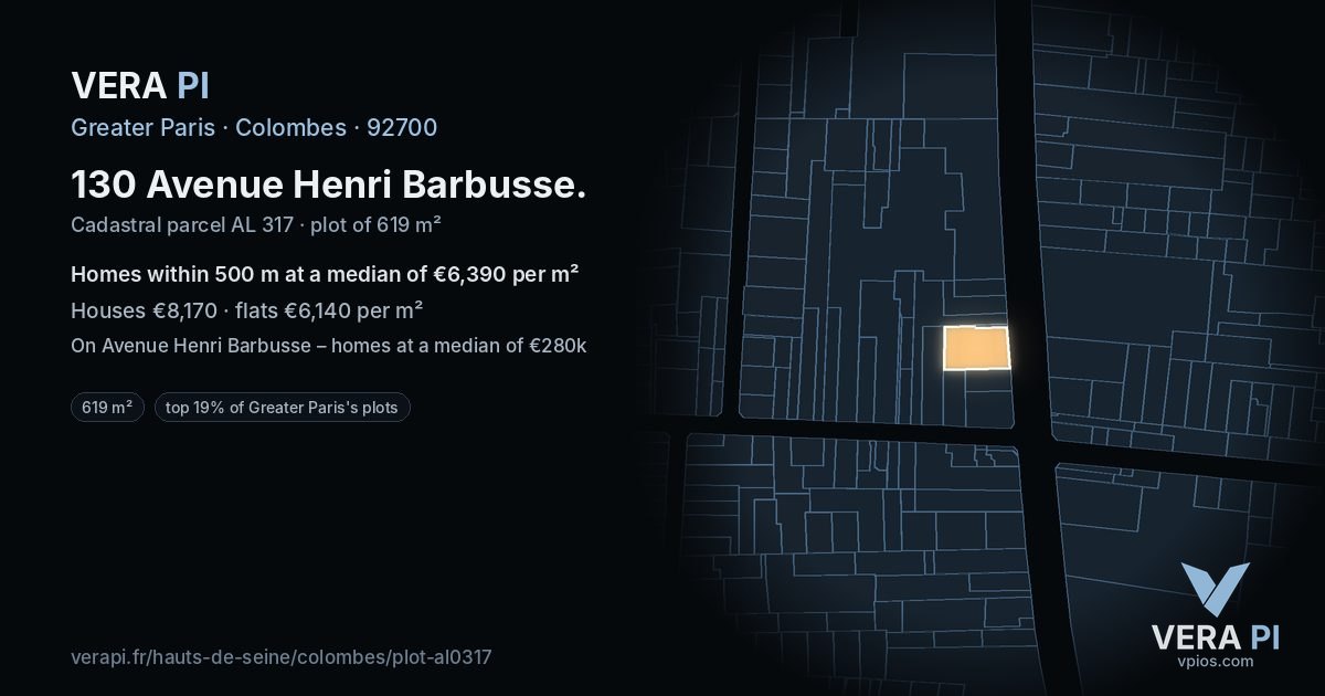 130 Avenue Henri Barbusse, Colombes at night – the plot lit, the parcels around coloured by the prices near them