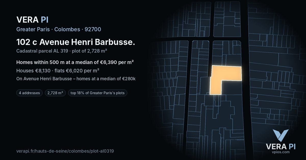 102 c Avenue Henri Barbusse, Colombes at night – the plot lit, the parcels around coloured by the prices near them