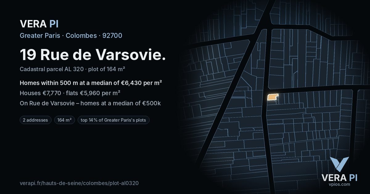 19 Rue de Varsovie, Colombes at night – the plot lit, the parcels around coloured by the prices near them