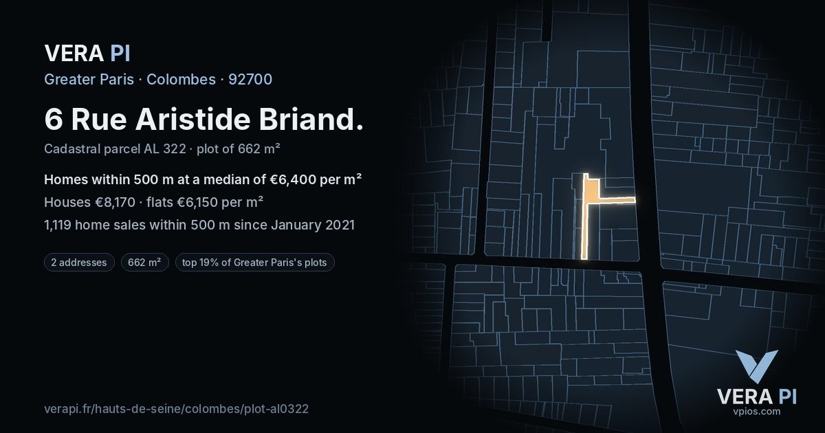 6 Rue Aristide Briand, Colombes at night – the plot lit, the parcels around coloured by the prices near them