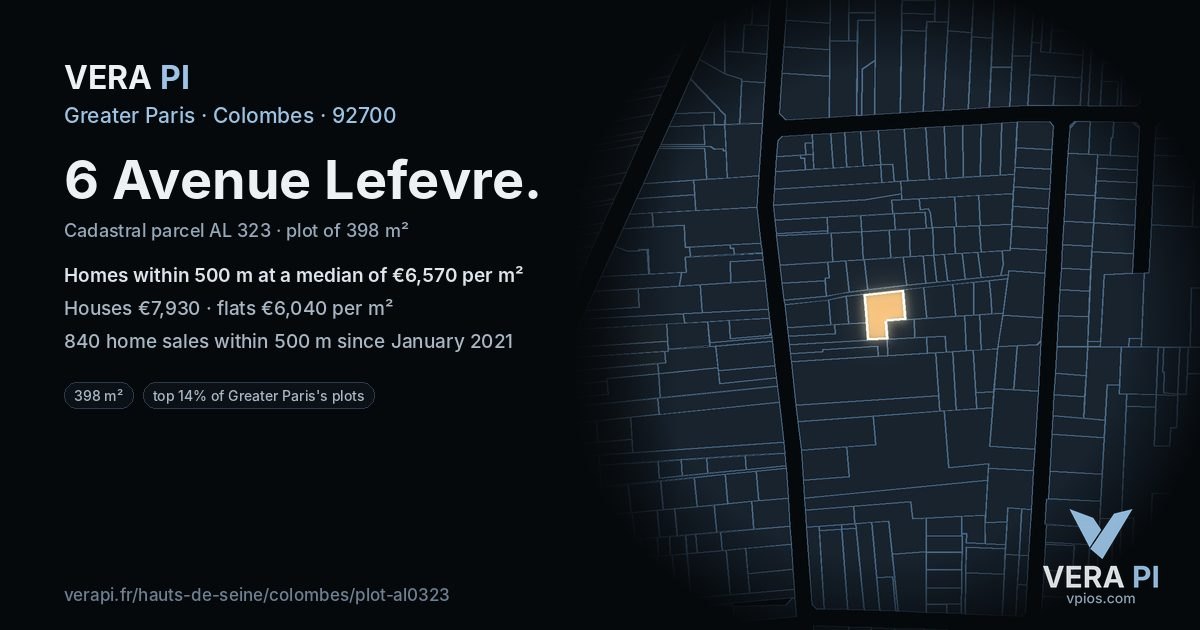 6 Avenue Lefevre, Colombes at night – the plot lit, the parcels around coloured by the prices near them
