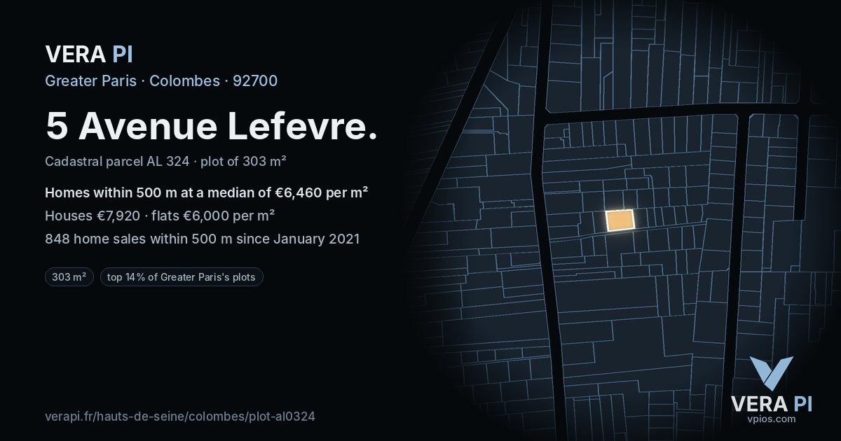 5 Avenue Lefevre, Colombes at night – the plot lit, the parcels around coloured by the prices near them
