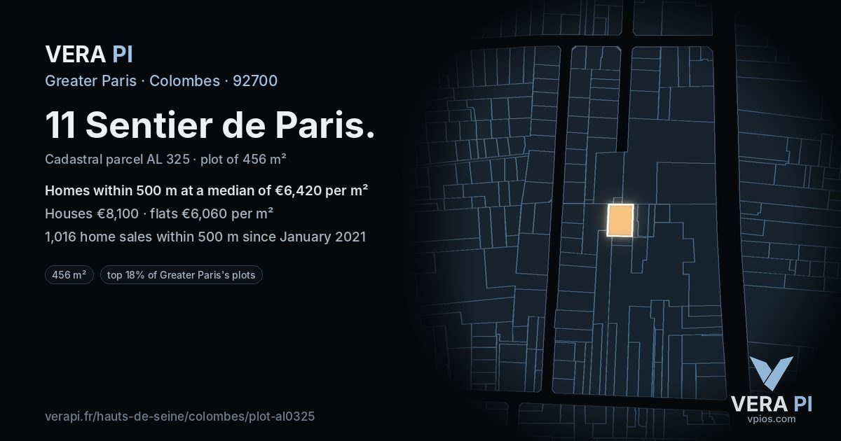11 Sentier de Paris, Colombes at night – the plot lit, the parcels around coloured by the prices near them