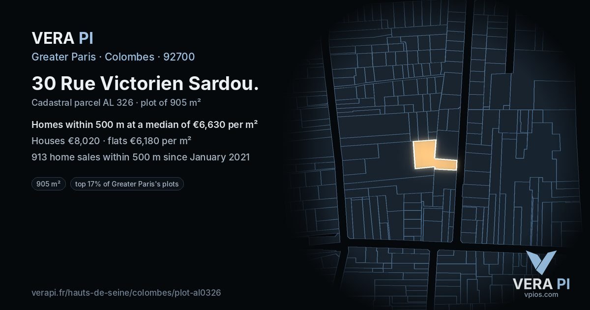 30 Rue Victorien Sardou, Colombes at night – the plot lit, the parcels around coloured by the prices near them