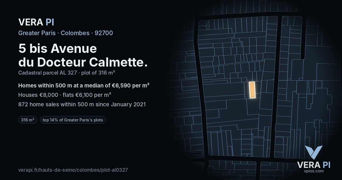 5 bis Avenue du Docteur Calmette, Colombes at night – the plot lit, the parcels around coloured by the prices near them