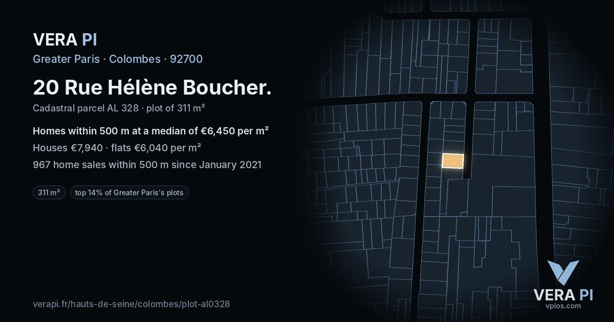 20 Rue Hélène Boucher, Colombes at night – the plot lit, the parcels around coloured by the prices near them