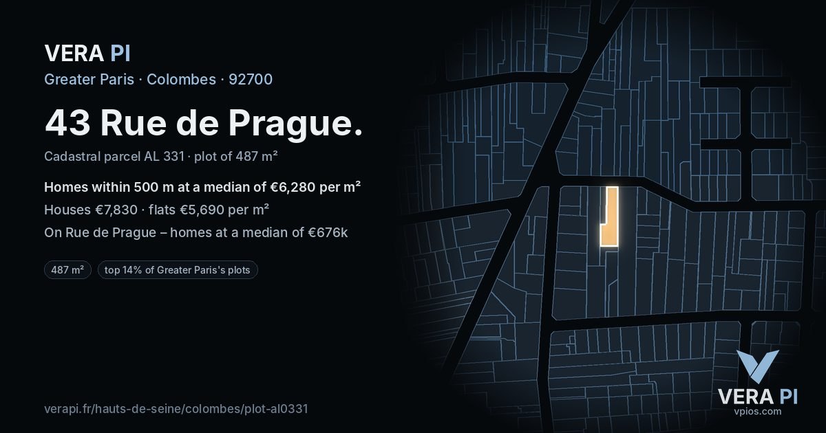 43 Rue de Prague, Colombes at night – the plot lit, the parcels around coloured by the prices near them