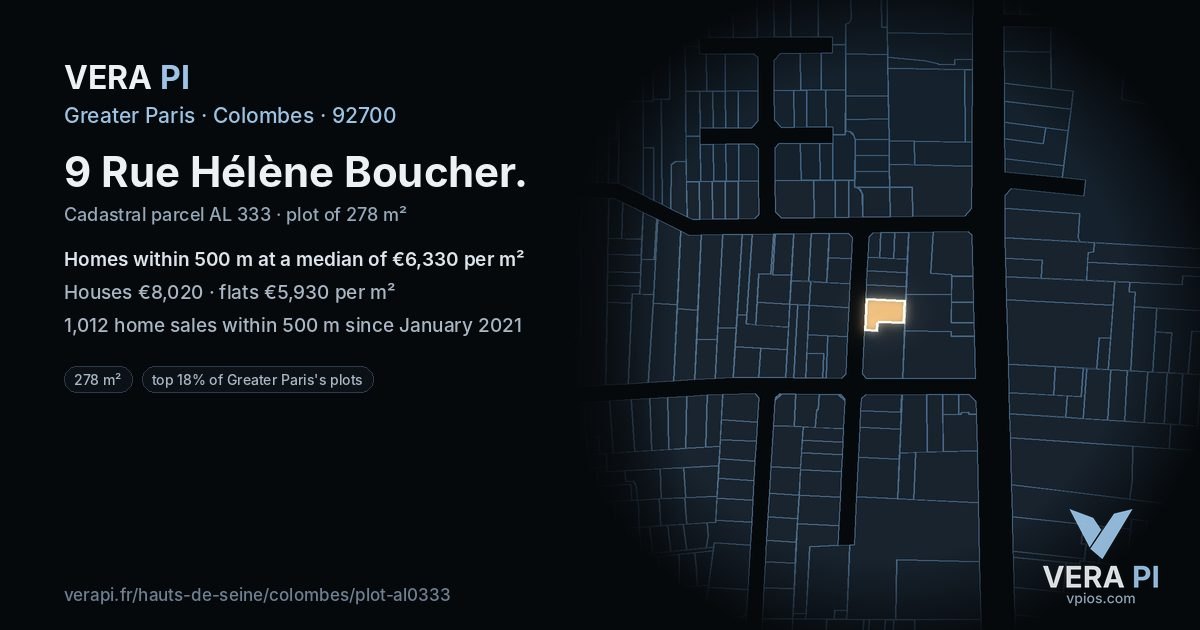 9 Rue Hélène Boucher, Colombes at night – the plot lit, the parcels around coloured by the prices near them