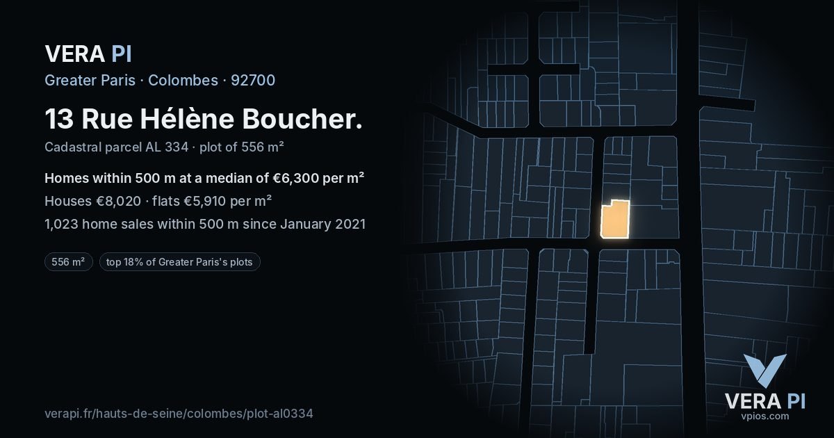 13 Rue Hélène Boucher, Colombes at night – the plot lit, the parcels around coloured by the prices near them