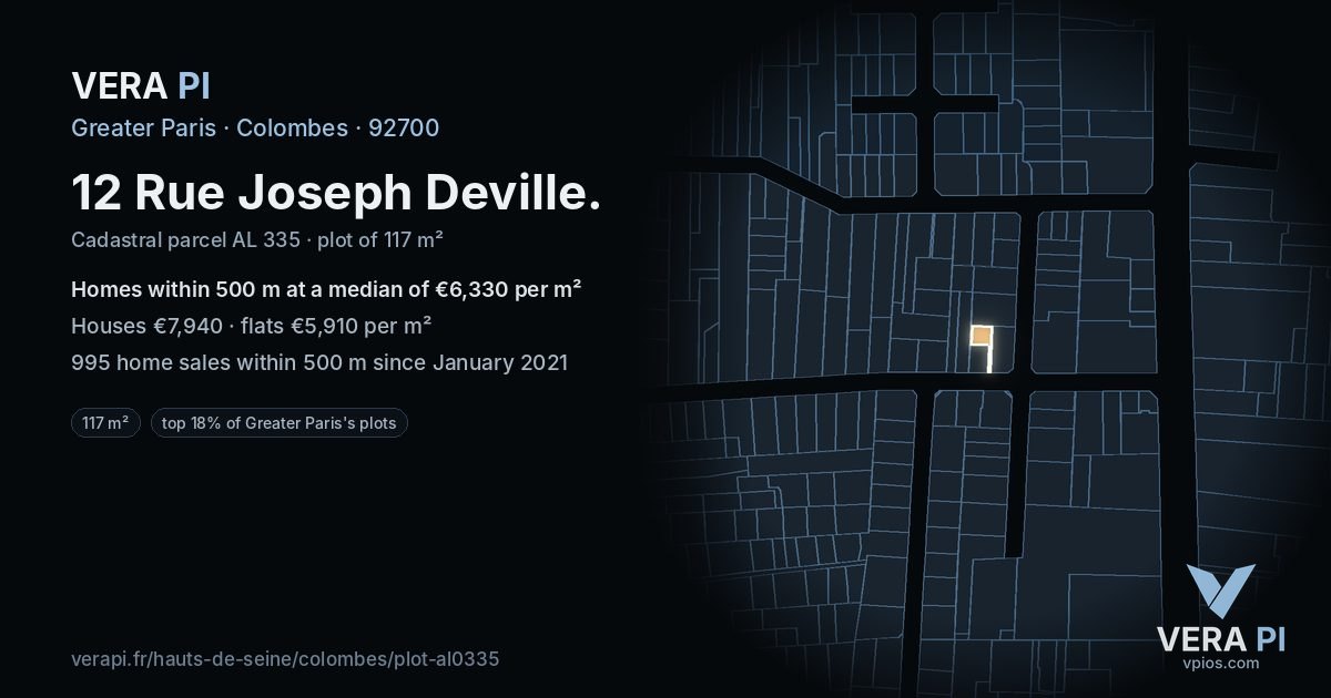 12 Rue Joseph Deville, Colombes at night – the plot lit, the parcels around coloured by the prices near them