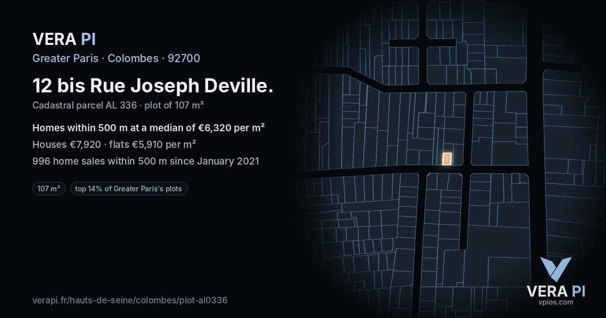 12 bis Rue Joseph Deville, Colombes at night – the plot lit, the parcels around coloured by the prices near them