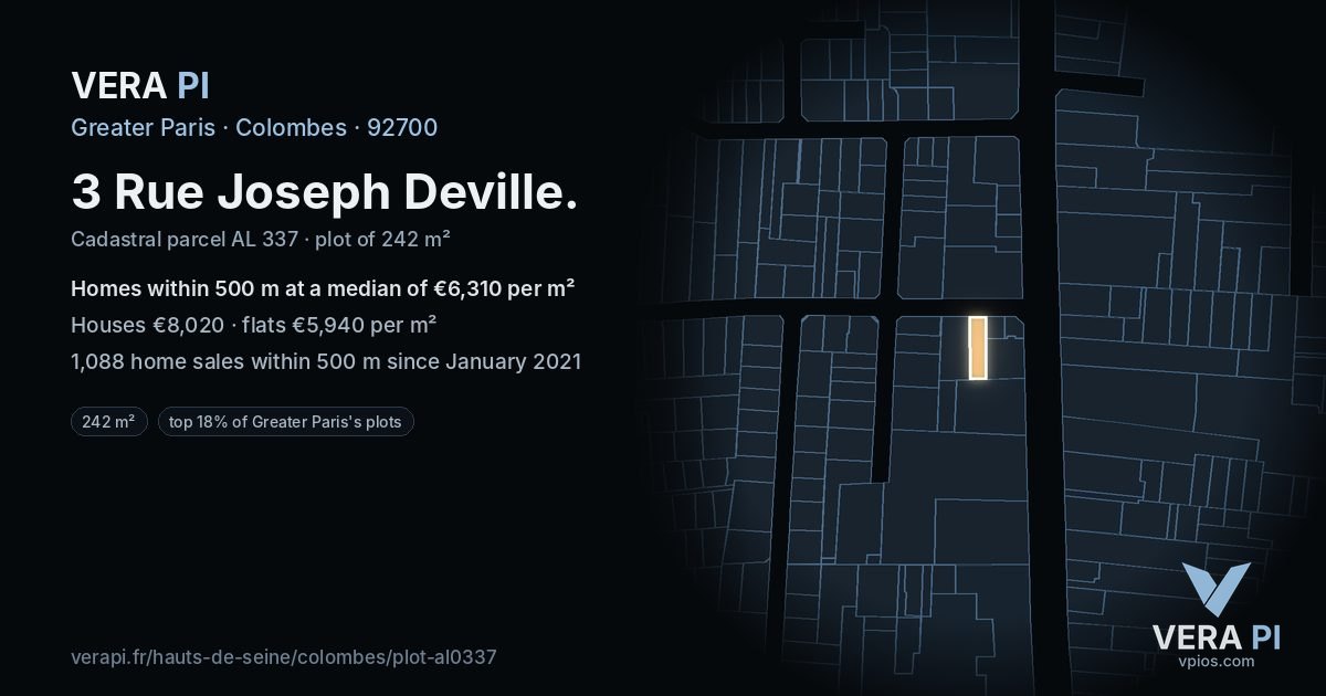 3 Rue Joseph Deville, Colombes at night – the plot lit, the parcels around coloured by the prices near them