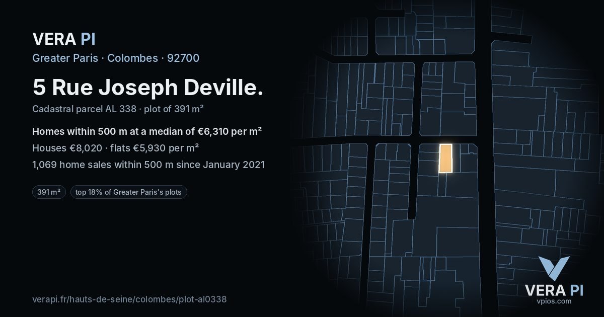 5 Rue Joseph Deville, Colombes at night – the plot lit, the parcels around coloured by the prices near them