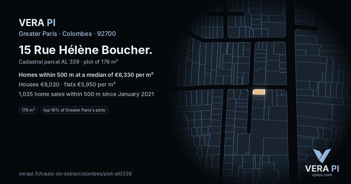 15 Rue Hélène Boucher, Colombes at night – the plot lit, the parcels around coloured by the prices near them