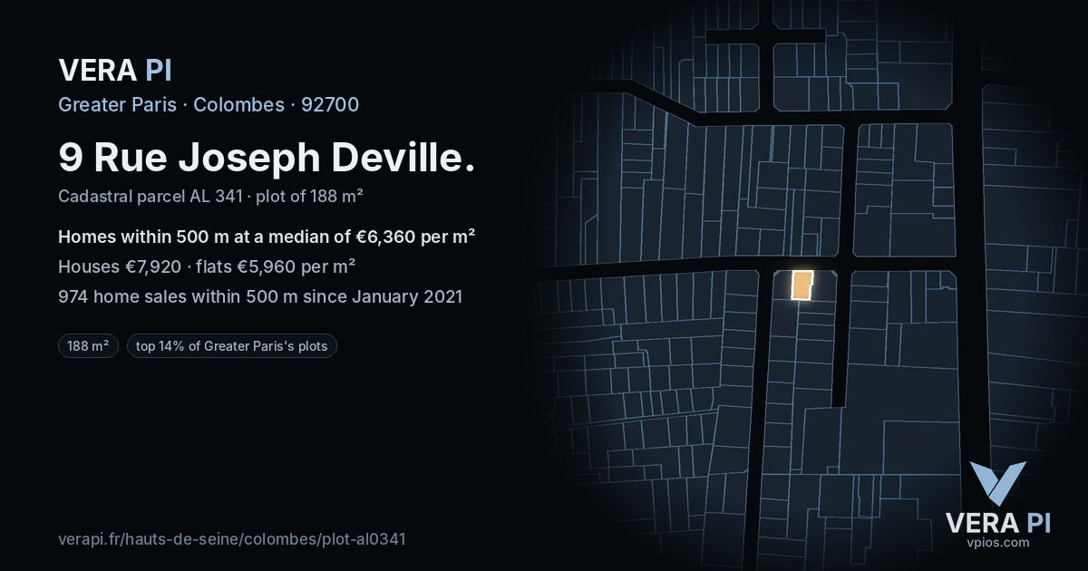 9 Rue Joseph Deville, Colombes at night – the plot lit, the parcels around coloured by the prices near them