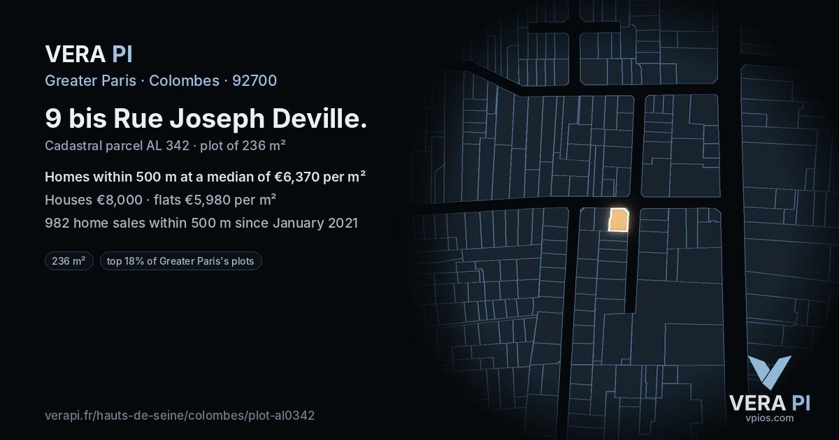 9 bis Rue Joseph Deville, Colombes at night – the plot lit, the parcels around coloured by the prices near them
