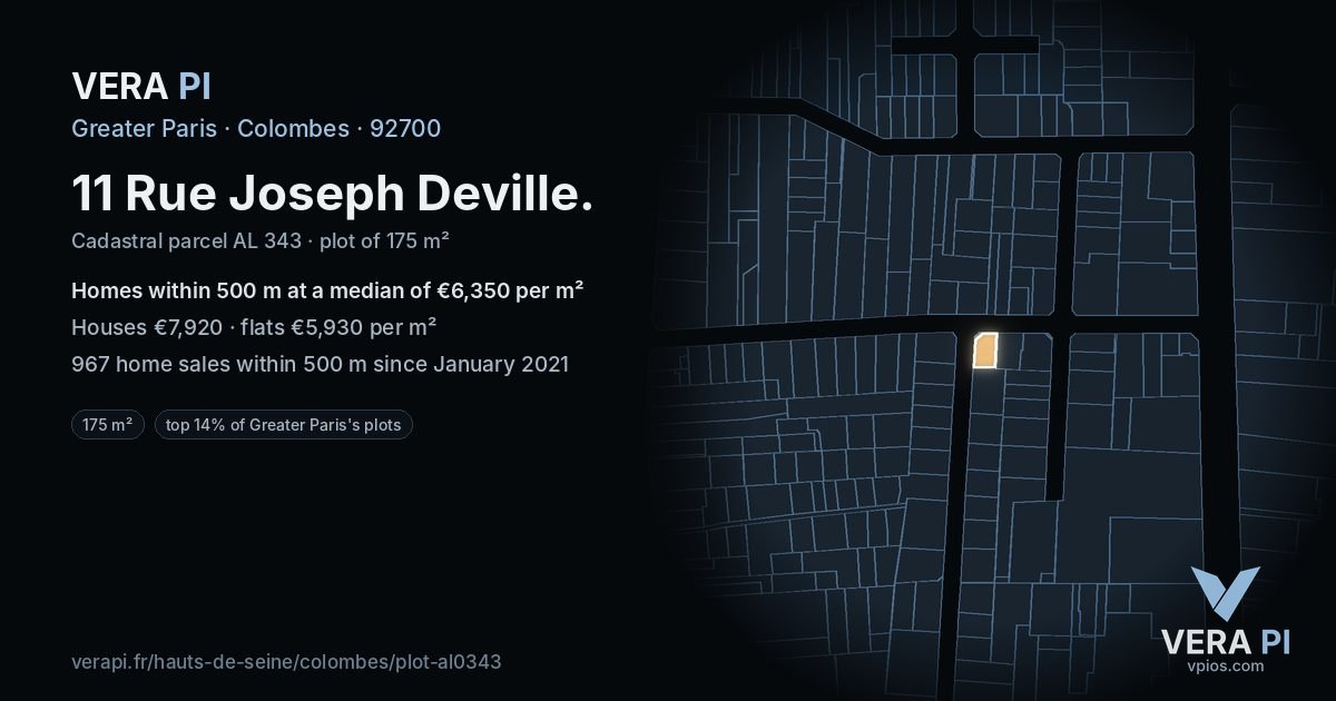11 Rue Joseph Deville, Colombes at night – the plot lit, the parcels around coloured by the prices near them