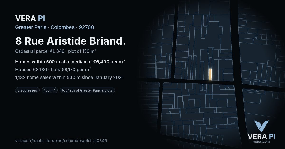 8 Rue Aristide Briand, Colombes at night – the plot lit, the parcels around coloured by the prices near them