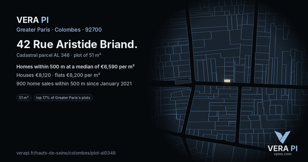 42 Rue Aristide Briand, Colombes at night – the plot lit, the parcels around coloured by the prices near them