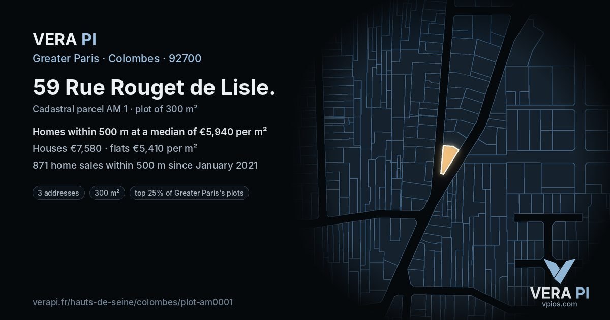 59 Rue Rouget de Lisle, Colombes at night – the plot lit, the parcels around coloured by the prices near them