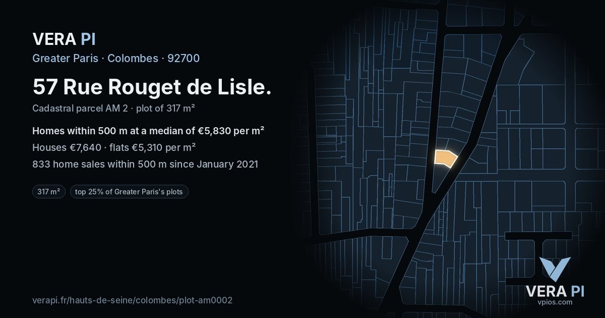 57 Rue Rouget de Lisle, Colombes at night – the plot lit, the parcels around coloured by the prices near them