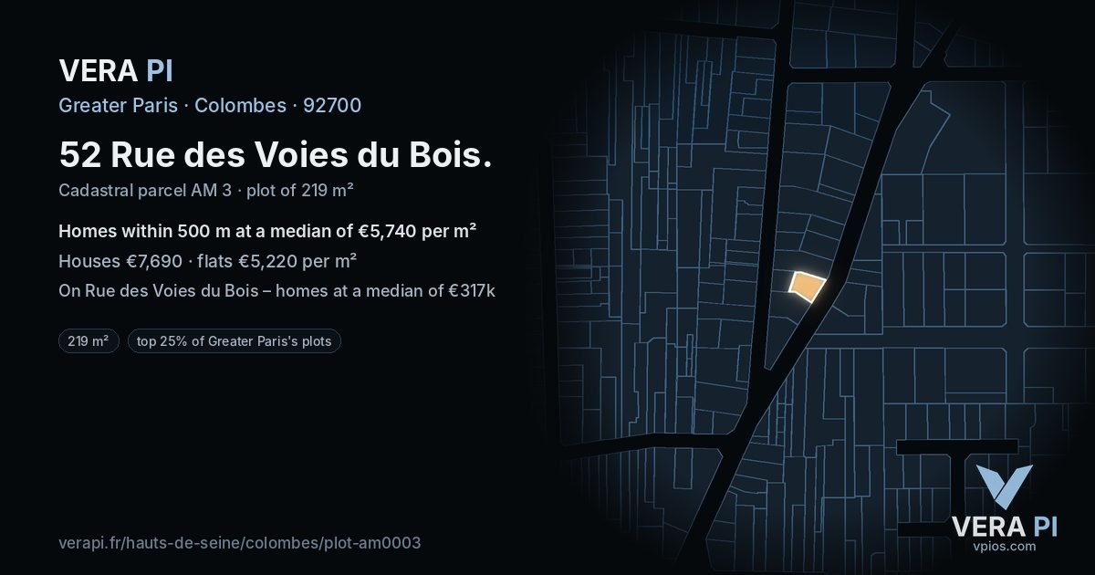 52 Rue des Voies du Bois, Colombes at night – the plot lit, the parcels around coloured by the prices near them