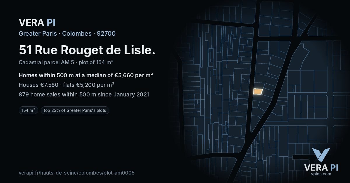 51 Rue Rouget de Lisle, Colombes at night – the plot lit, the parcels around coloured by the prices near them