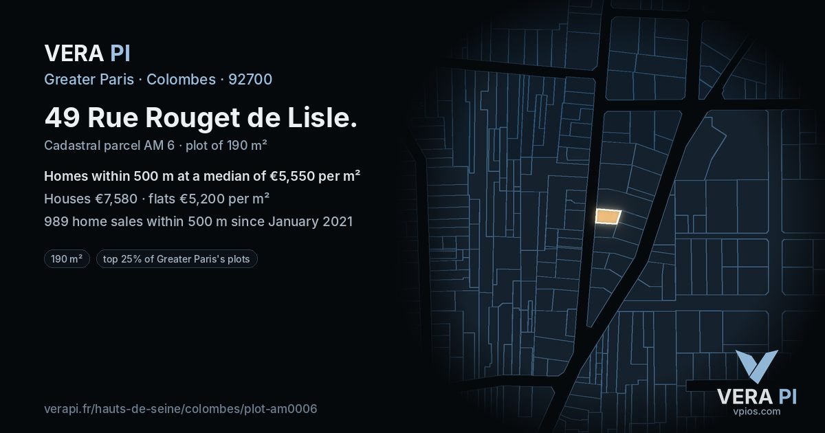 49 Rue Rouget de Lisle, Colombes at night – the plot lit, the parcels around coloured by the prices near them