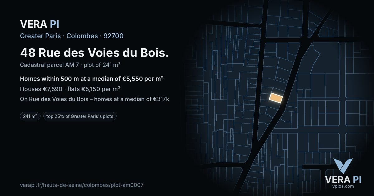 48 Rue des Voies du Bois, Colombes at night – the plot lit, the parcels around coloured by the prices near them