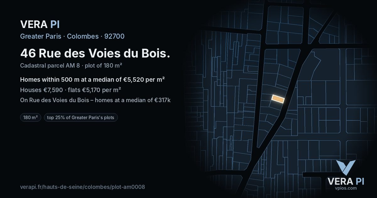 46 Rue des Voies du Bois, Colombes at night – the plot lit, the parcels around coloured by the prices near them