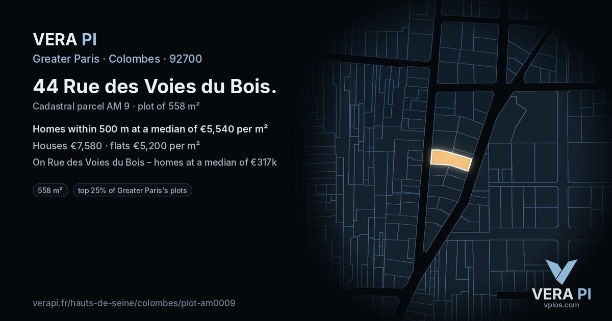 44 Rue des Voies du Bois, Colombes at night – the plot lit, the parcels around coloured by the prices near them