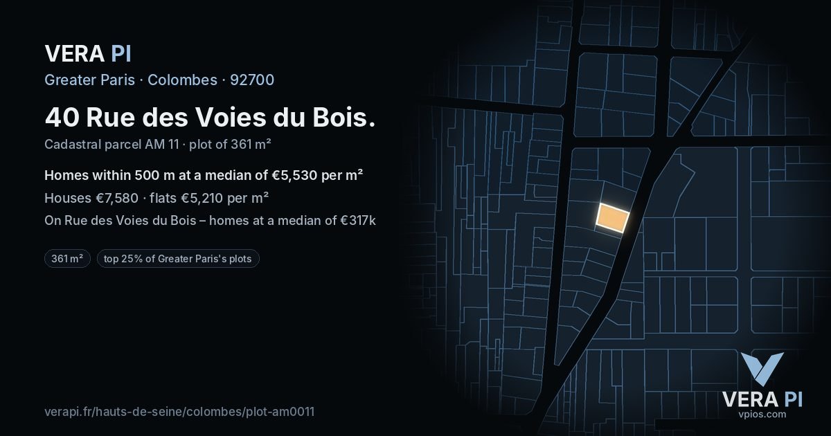 40 Rue des Voies du Bois, Colombes at night – the plot lit, the parcels around coloured by the prices near them