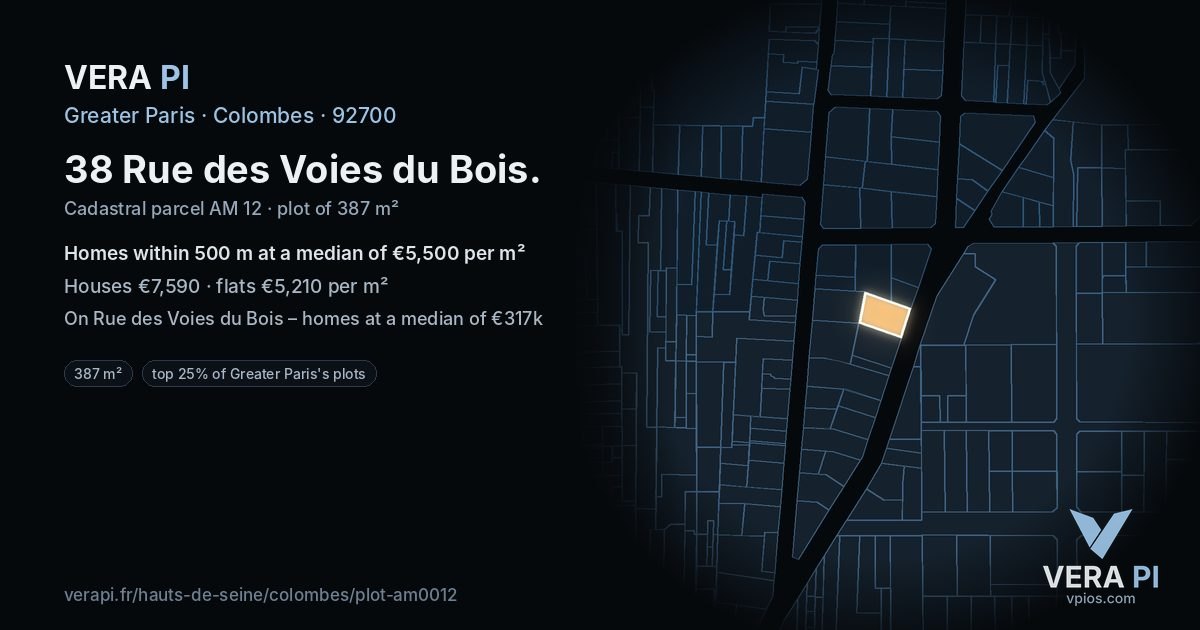 38 Rue des Voies du Bois, Colombes at night – the plot lit, the parcels around coloured by the prices near them