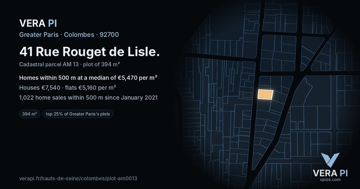 41 Rue Rouget de Lisle, Colombes at night – the plot lit, the parcels around coloured by the prices near them