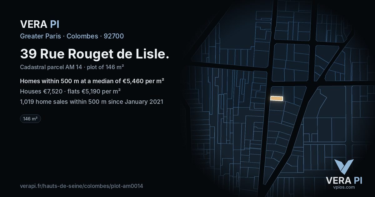 39 Rue Rouget de Lisle, Colombes at night – the plot lit, the parcels around coloured by the prices near them