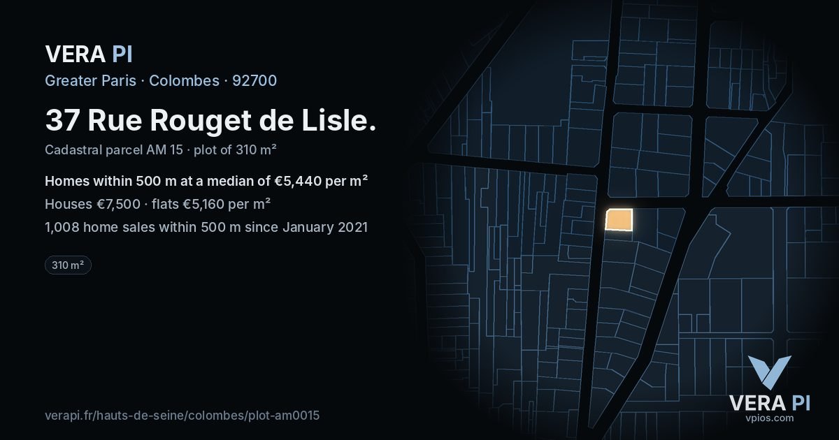 37 Rue Rouget de Lisle, Colombes at night – the plot lit, the parcels around coloured by the prices near them