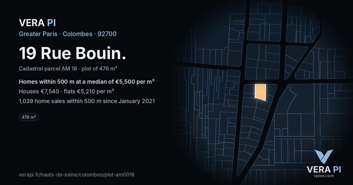 19 Rue Bouin, Colombes at night – the plot lit, the parcels around coloured by the prices near them