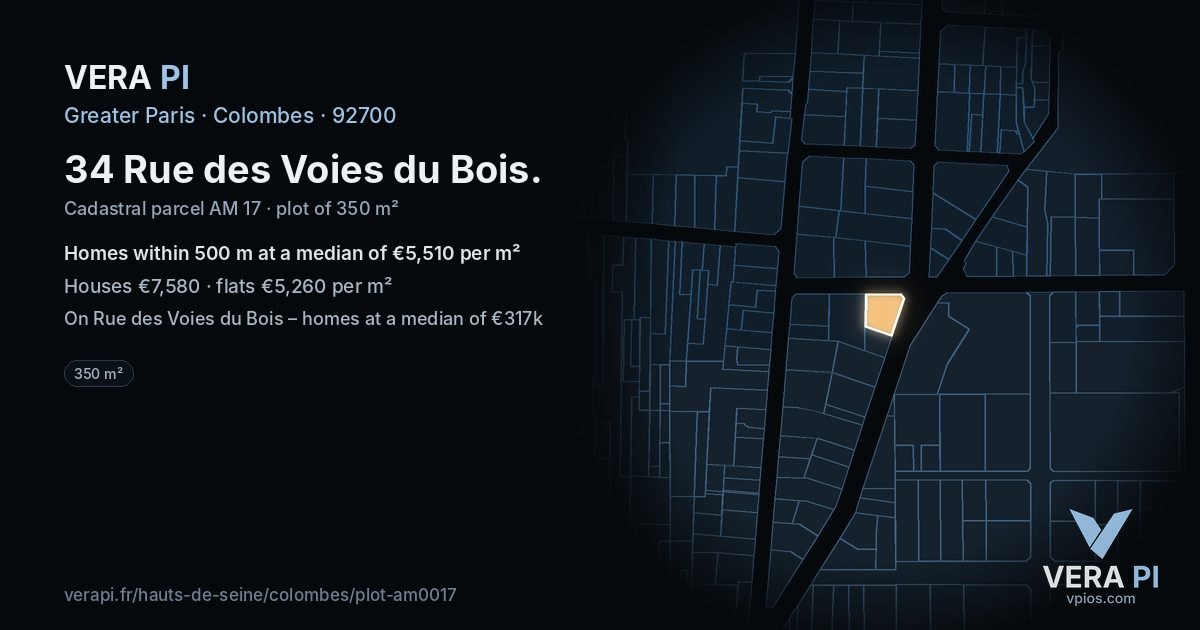 34 Rue des Voies du Bois, Colombes at night – the plot lit, the parcels around coloured by the prices near them