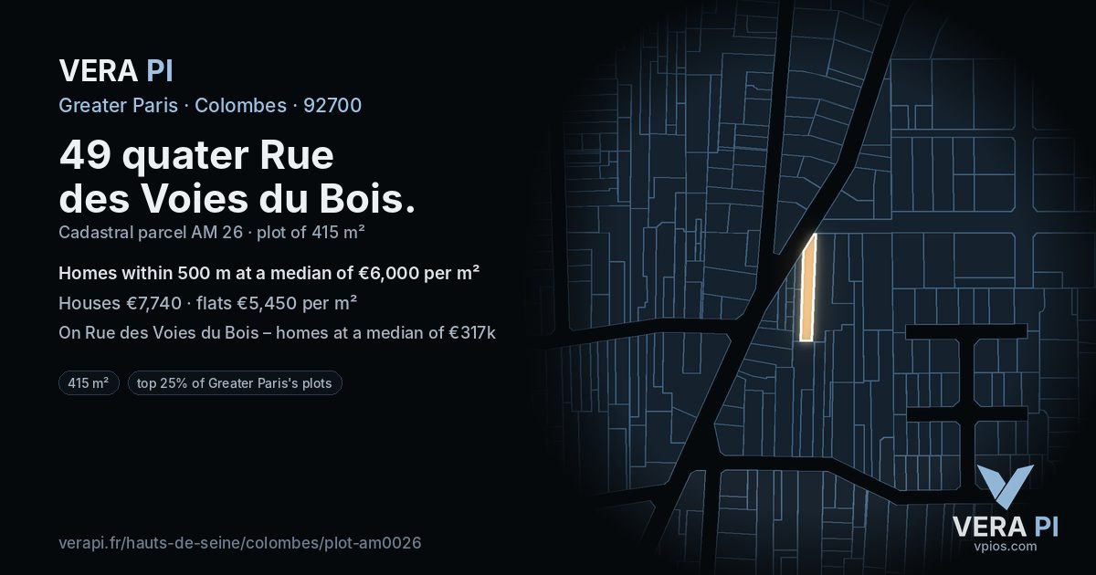49 quater Rue des Voies du Bois, Colombes at night – the plot lit, the parcels around coloured by the prices near them