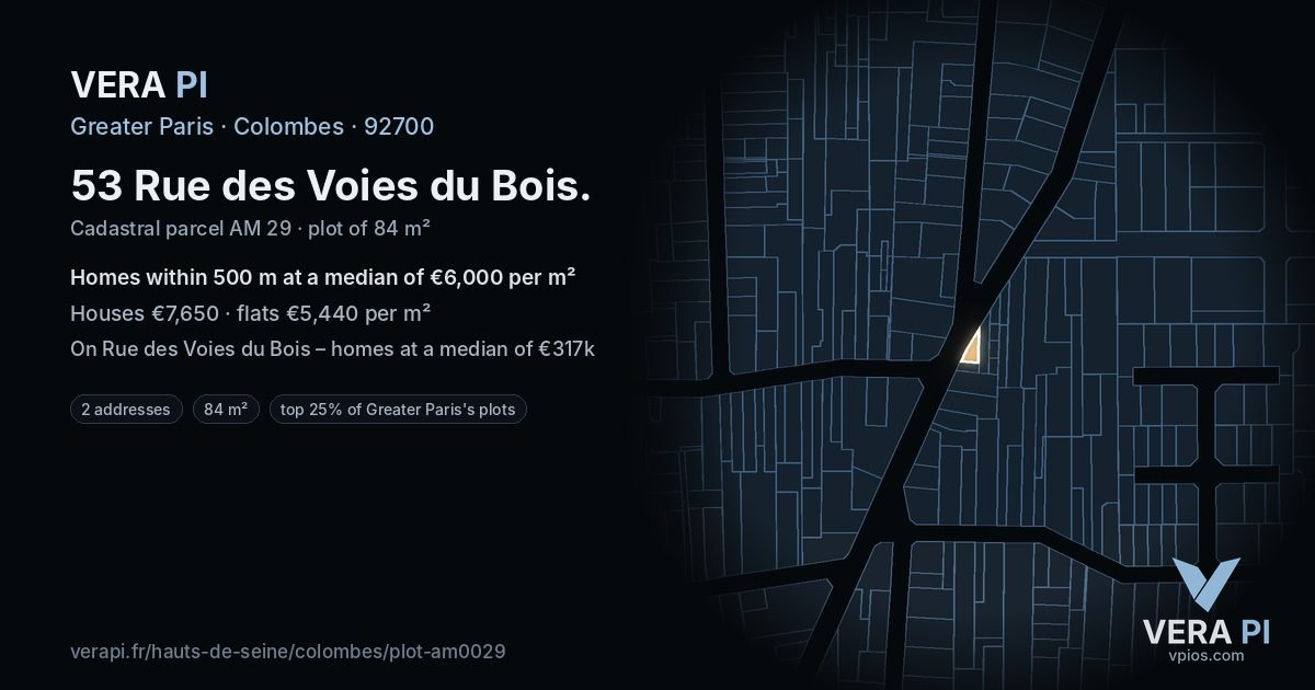 53 Rue des Voies du Bois, Colombes at night – the plot lit, the parcels around coloured by the prices near them