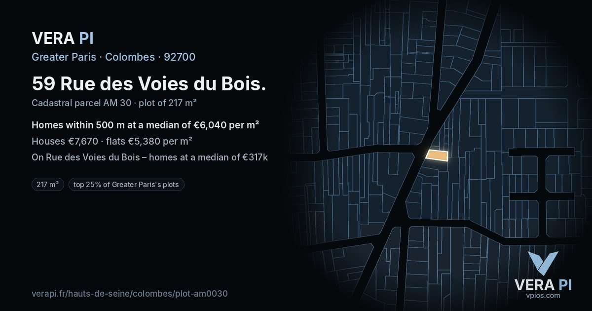 59 Rue des Voies du Bois, Colombes at night – the plot lit, the parcels around coloured by the prices near them